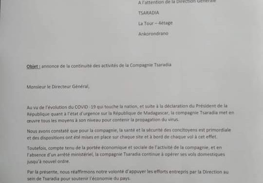 ?TRANSPORT AÉRIEN : LES VOLS DOMESTIQUES DE LA COMPAGNIE TSARADIA CONTINUENT