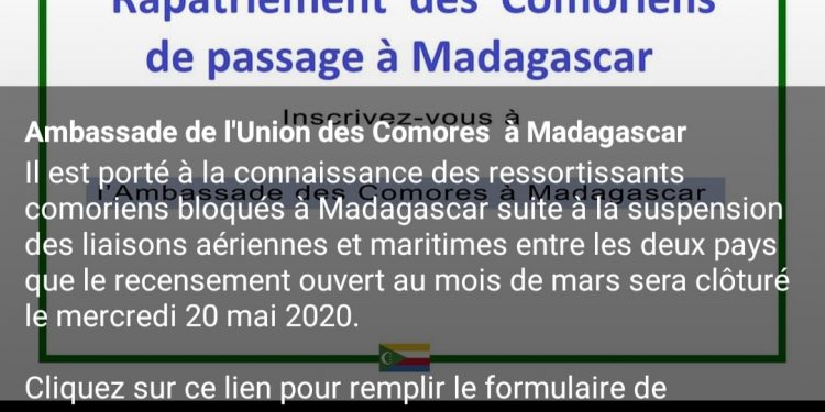 ?AMBASSADE DES COMORES : Clôture du recensement des Comoriens bloqués à Madagascar le 20 Mai