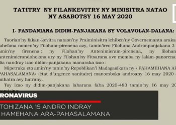 CORONAVIRUS : Notohizana 15 andro indray ny hamehana ara-pahasalamana