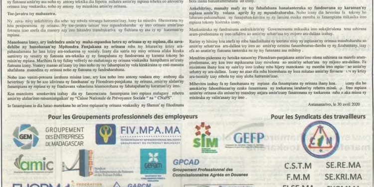 ?PAIEMENT DES SALAIRES DANS LE SECTEUR PRIVÉ – Un soutien financier de 50 Milliards d’ariary de l’Etat sollicité