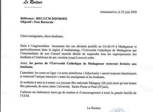ENSEIGNEMENT SUPERIEUR – L&rsquo;Université catholique de Madagascar reste fermée aux étudiants