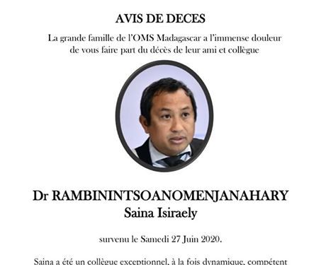 URGENT ‼️ EPIDEMIE – Un médecin du bureau de l&rsquo;OMS à Madagascar meurt dans la lutte contre la Covid-19