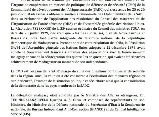 DOSSIER « ILES EPARSES » – Madagascar annonce un soutien unanime des pays de la SADC dans sa revendication des « Iles malgaches de l&rsquo;océan Indien »