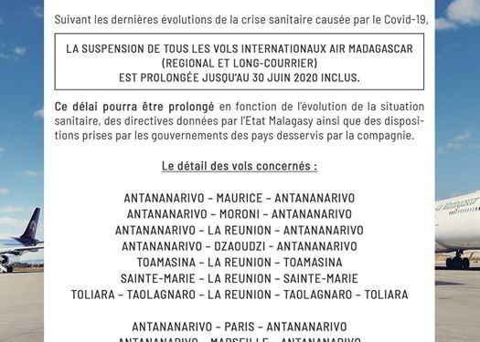 ?TRANSPORT AERIEN – Air Madagascar prolonge jusqu&rsquo;au 30 Juin la suspension de tous ses vols internationaux