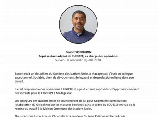 DISPARITION – Décès du représentant adjoint de l&rsquo;Unicef à Madagascar