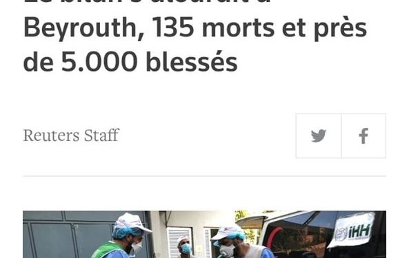 MONDE – Le ministre libanais de la Santé fait état de 135 morts et près de 5000 blessés après la double explosion de Beyrouth