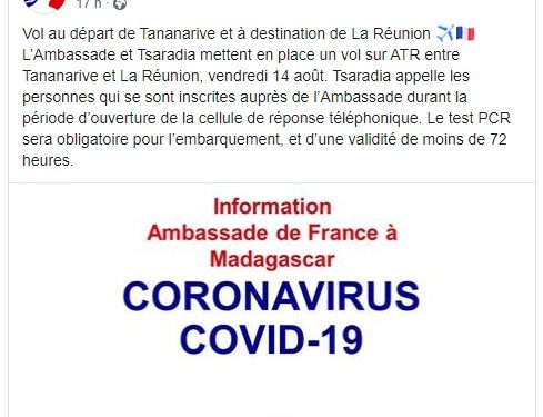 TRANSPORT AERIEN – Un vol de rapatriement vers La Réunion au départ d&rsquo;Antananarivo prévu ce 14 Août