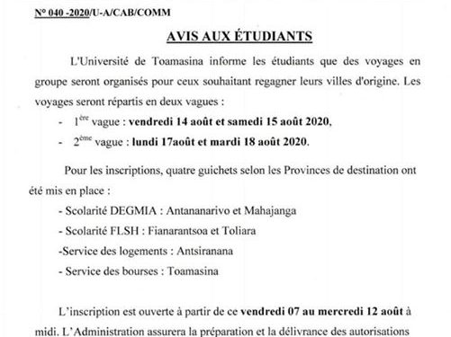 CIRCULATION – L&rsquo;Université de Toamasina organise des voyages de retour de ses étudiants dans leurs villes d&rsquo;origine