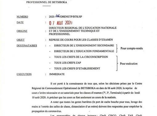 EDUCATION – Reprise des cours pour les classes d’examen dans la région Betsiboka