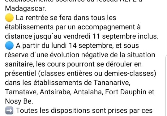 ÉDUCATION – Rentrée scolaire fixée au 1er Septembre pour les établissements scolaires français
