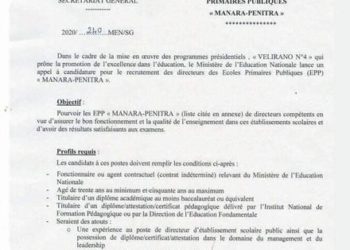 EDUCATION – Recrutement de directeurs pour dix écoles primaires publiques « manara-penitra » dans dix régions