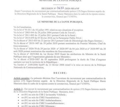 SANTE – Recrutement de sage-femmes formées au sein des instituts privés pour travailler pendant environ trois mois dans la Haute Matsiatra