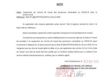 SECTEUR PRIVE – Les entreprises autorisées à suspendre les contrats de travail des personnes vulnérables à la Covid qui continuent de s&rsquo;absenter