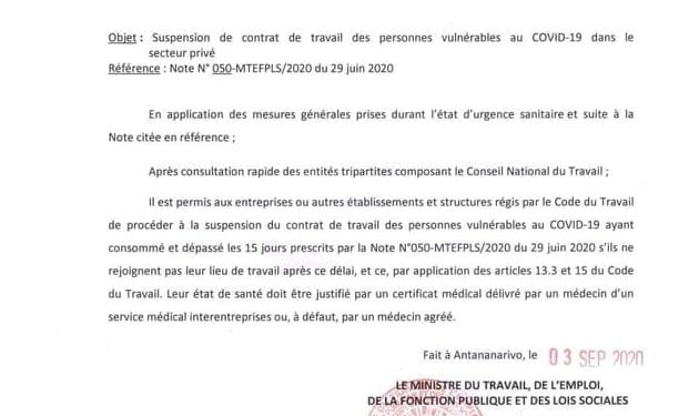 SECTEUR PRIVE – Les entreprises autorisées à suspendre les contrats de travail des personnes vulnérables à la Covid qui continuent de s&rsquo;absenter