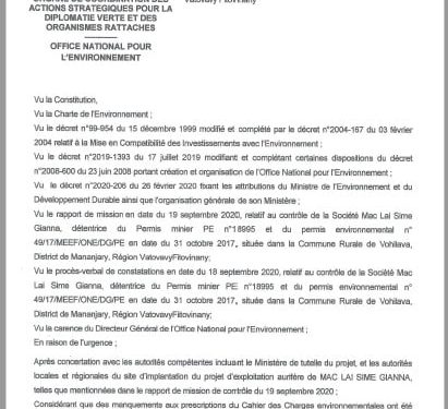 SECTEUR EXTRACTIF – Le permis environnemental de la société d&rsquo;exploitation aurifère Mac Lai Sim Gianna sur les mines de Vohilava-Mananjary suspendu