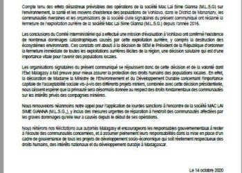 SECTEUR EXTRACTIF – Les organisations de la société civile se félicitent de la suspension du permis environnemental de la société qui exploite l&rsquo;or de Vohilava
