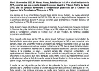 FOOTBALL – Ahmad conteste la sanction de la Fifa et dénonce une attaque contre l&rsquo;autodétermination du football en Afrique