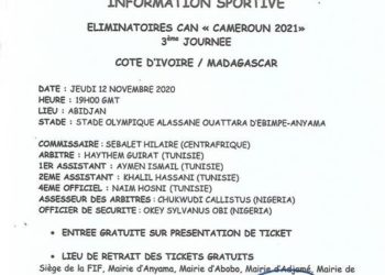 FOOTBALL/CAN 2022 – La Fédération ivoirienne maintient la date du 12 Novembre pour le match aller contre les Barea