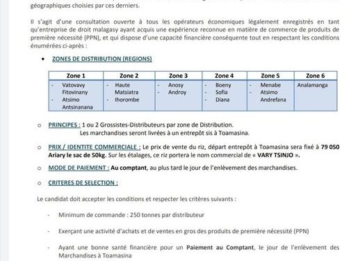 COMMERCE – La State procurement of Madagascar (SPM) veut mettre sur le marché du riz à 1850 ariary le kilo, soit 530 ariary le « kapoaka »