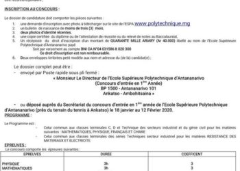 ETUDES SUPERIEURES – Le concours d&rsquo;entrée à l&rsquo;Ecole supérieure polytechnique d&rsquo;Antananarivo fixé au 17 et 18 Février