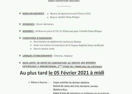 ETUDES SUPERIEURES – Offre de 26 bourses par la Chine pour les étudiants malgaches titulaires de la licence et du master