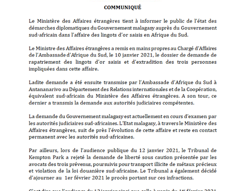 JUSTICE – Le ministère des Affaires étrangères assure que la demande malgache d&rsquo;extradition des trois prévenus dans l&rsquo;affaire d&rsquo;exportation illicite de 73,5 kilos d&rsquo;or n&rsquo;est pas liée à la procédure judiciaire menée en Afrique du Sud