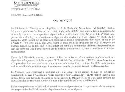 MIGRATION – Le ministère de l&rsquo;Enseignement supérieur et de la recherche scientifique dément tout lien avec une association proposant des postes dans les foyers universitaires malgaches en France