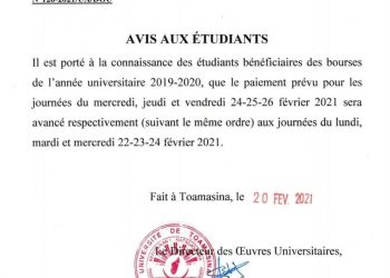 ENSEIGNEMENT SUPERIEUR – La présidence de l’Université de Toamasina nie tout retard dans le paiement des allocations étudiantes mais avance de deux jours le calendrier de paiement d’un mois de bourses d’études
