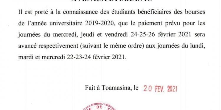 ENSEIGNEMENT SUPERIEUR – La présidence de l’Université de Toamasina nie tout retard dans le paiement des allocations étudiantes mais avance de deux jours le calendrier de paiement d’un mois de bourses d’études