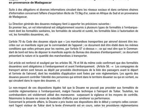 TRAFIC – La direction générale des douanes annonce une procédure contre un de ses agents dans l&rsquo;affaire d&rsquo;exportation illicite de 73,5 kilos d&rsquo;or et martèle n&rsquo;avoir effectué aucun contrôle à Ivato