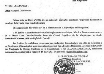 INSTITUTIONS – L&rsquo;élection des deux membres de la Haute cour constitutionnelle issus du Conseil supérieur de la magistrature prévue le 26 Mars