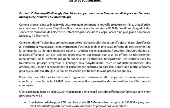 ENERGIE – « Le tarif Optima permet d’augmenter de 95 milliards d’ariary par an les recettes de la Jirama », estime la Banque mondiale