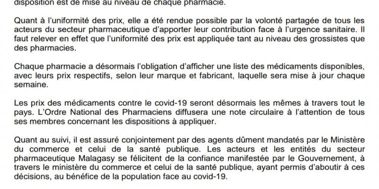EPIDEMIE – Uniformisation des prix de sept médicaments anti-Covid-19 à travers tout le pays