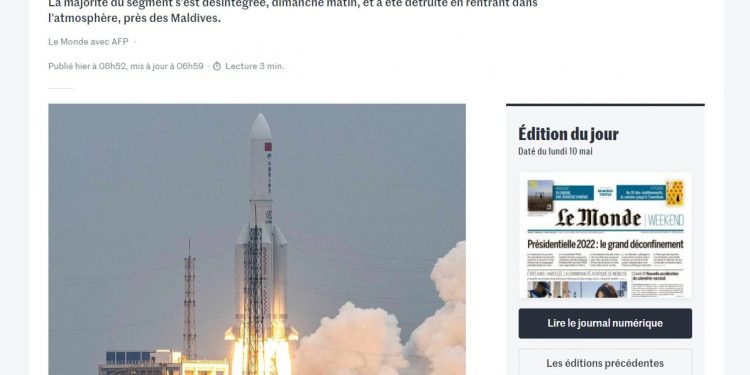 ESPACE – La fusée chinoise Long March B5 « hors de contrôle » se désintègre au-dessus de l’océan Indien