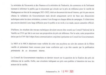 EXPORTATION – Les ministères en charge des Finances et du Commerce indiquent ne pas encore avoir tranché sur les différents prix de référence de la vanille pour la campagne 2021-2022