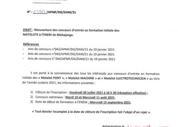 FORMATION – Réouverture des inscriptions aux concours d’entrée en formation initiale de matelots à l’Ecole nationale d’enseignement maritime de Mahajanga