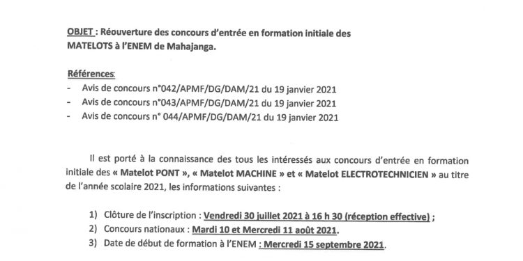 FORMATION – Réouverture des inscriptions aux concours d’entrée en formation initiale de matelots à l’Ecole nationale d’enseignement maritime de Mahajanga