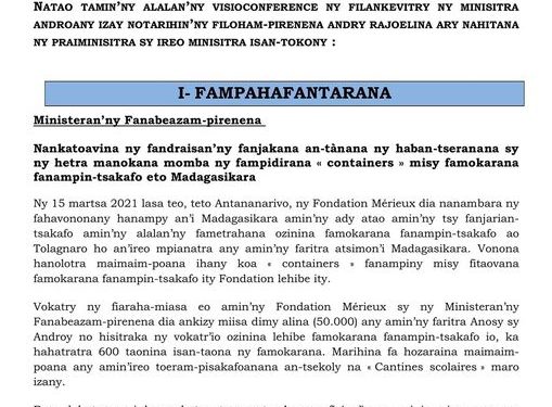 LUTTE CONTRE LA MALNUTRITION – Les droits de douane et les taxes spéciales sur les équipements de construction de l’usine de fabrication de compléments alimentaires financée par la Fondation Mérieux pris en charge par l’Etat