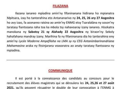 ADMINISTRATION – Les candidats au concours d&rsquo;entrée à l&rsquo;ENMG invités à récupérer le double de leur convocation à Tsaralalàna en cas de non réception via la poste