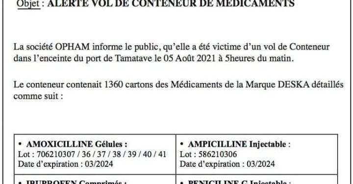 INSECURITE – L&rsquo;Office pharmaceutique malgache dit avoir été victime de vol d’un container de médicaments