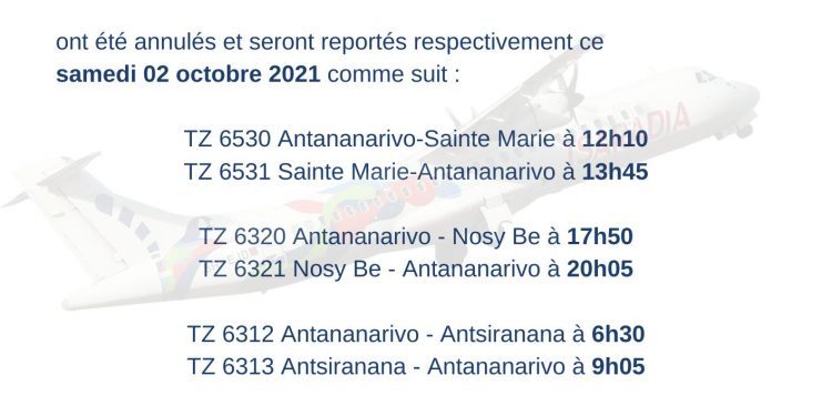 TRANSPORT AERIEN – Tsaradia reprogramme les vols annulés pour contraintes opérationnelles de ce vendredi au samedi 2 Octobre