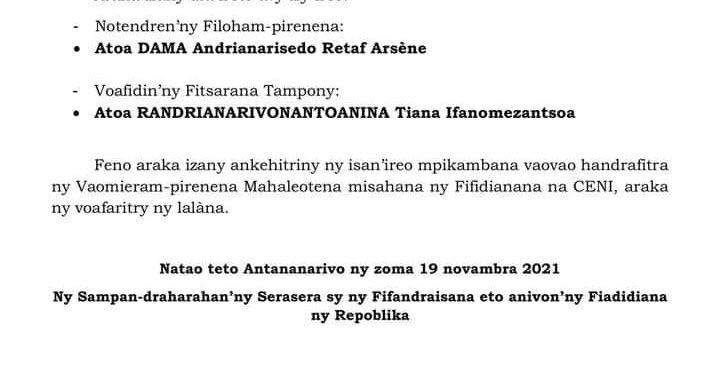 INSTITUTION – Andry Rajoelina constate la désignation de Tiana Ifanomezantsoa Randrianarivonantoanina à la Commission électorale nationale indépendante et nomme Andrianarisedo Retaf Arsène Dama sur son quota au sein de l&rsquo;organe de gestion des élections