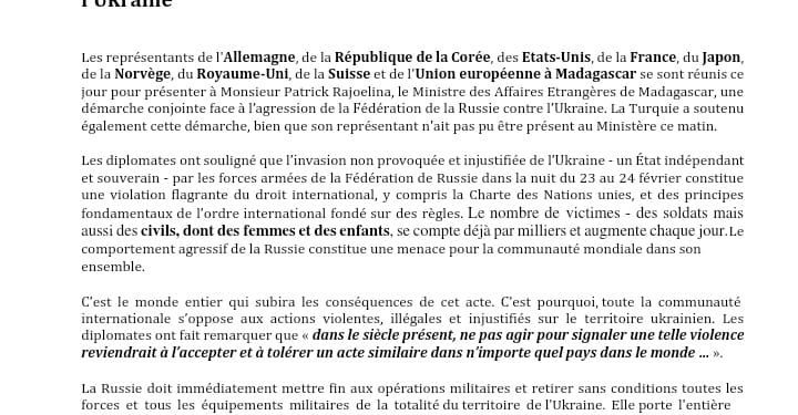 CONFLIT – L’Union européenne, la Corée, les Etats-Unis, la France, l&rsquo;Allemagne, le Japon, la Norvège, le Royaume-Uni, la Suisse encouragent Madagascar à condamner publiquement l’agression de la Russie contre l’Ukraine.