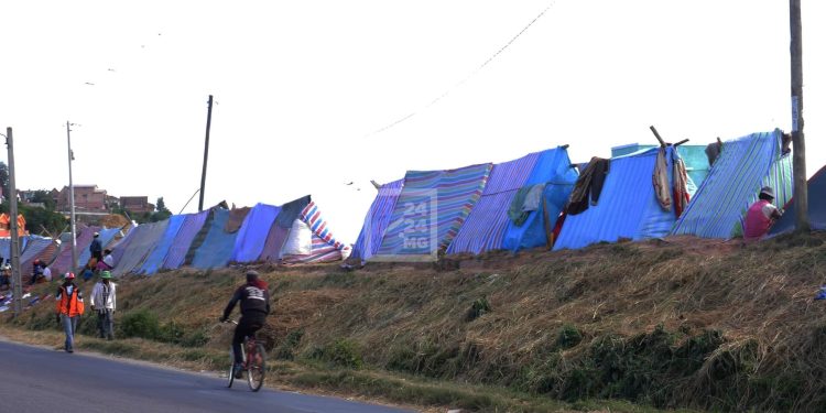 INTEMPERIES – Des abris en polypropylène érigés par des familles sinistrées sur la digue de l&rsquo;Ikopa du côté d&rsquo;Ambodihady et d&rsquo;Ambodimita en attendant que les eaux se retirent dans leurs quartiers