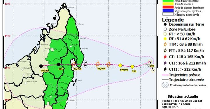 CATASTROPHE NATURELLE – Le Nord-Est, une partie du Centre-Est et la partie Nord des terres centrales placées en alerte verte, une tempête tropicale attendue vers mardi ou mercredi sur les côtes d’Analanjirofo ou de la Sava