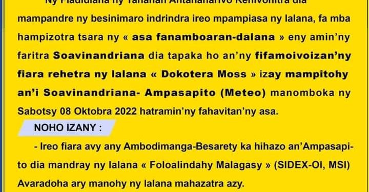 CIRCULATION – Les rues reliant Soavinandriana à Ampasampito et Antsakaviro à Antsahabe coupées à la circulation à partir du samedi 8 Octobre jusqu&rsquo;à la fin des travaux de réfection prévus par la Commune urbaine d&rsquo;Antananarivo