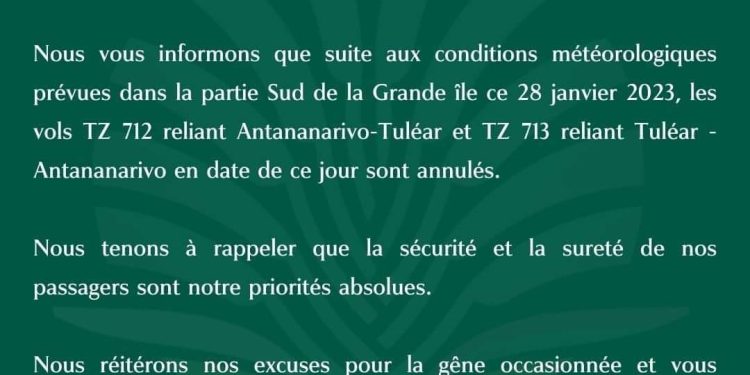 TRAFIC AÉRIEN – Madagascar Airlines annule des vols sur Toliara ce jour