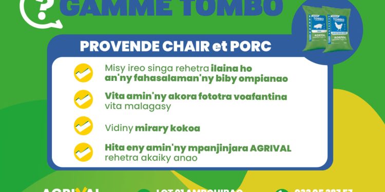 🔴 PROVANDY TOMBO ho an&rsquo;ny kisoa sy ho an&rsquo;ny akoho fakàna nofo : ➡️ Misy ireo singa rehetra ilaina ho an&rsquo;ny fahasalaman&rsquo;ny biby ompianao. ➡️Vita amin&rsquo;ny akora fototra voafantina vita malagasy. ➡️Vidiny mirary kokoa. ➡️Hita eny amin&rsquo;ny mpanjinjara AGRIVAL rehetra akaiky anao.