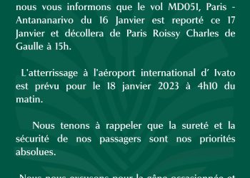 TRANSPORT AÉRIEN – Le vol MD 051 de Madagascar Airlines prévu arriver à Antananarivo ce mercredi à 4h du matin