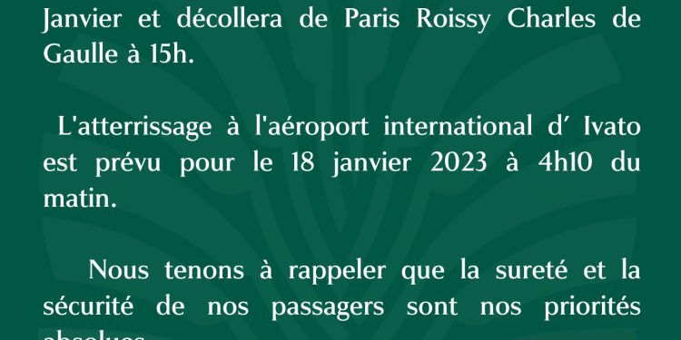 TRANSPORT AÉRIEN – Le vol MD 051 de Madagascar Airlines prévu arriver à Antananarivo ce mercredi à 4h du matin